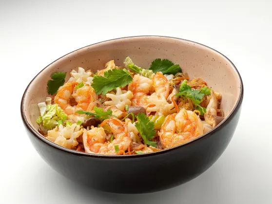 Funchoza noodles with seafood