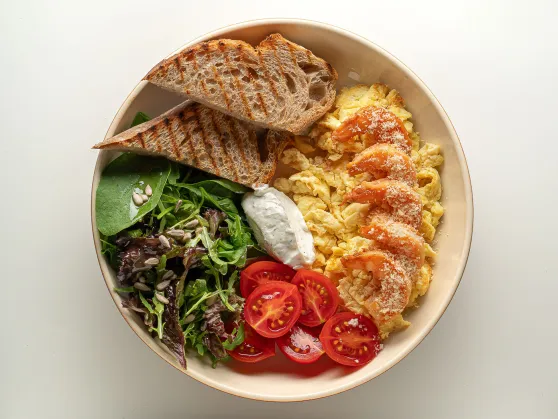 Breakfast with fried shrimp